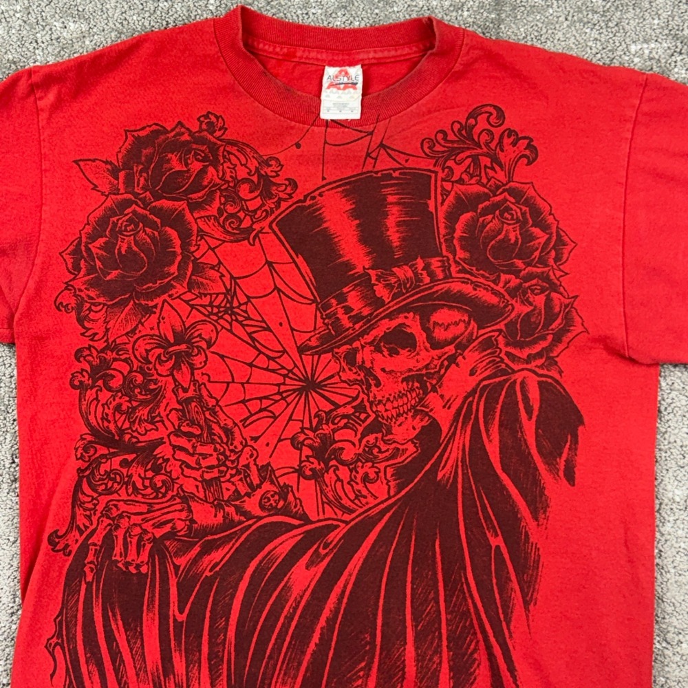 Vintage Y2K AlStyle Skull T Shirt Mens M Red Roses Goth Tattoo Graphic Tee